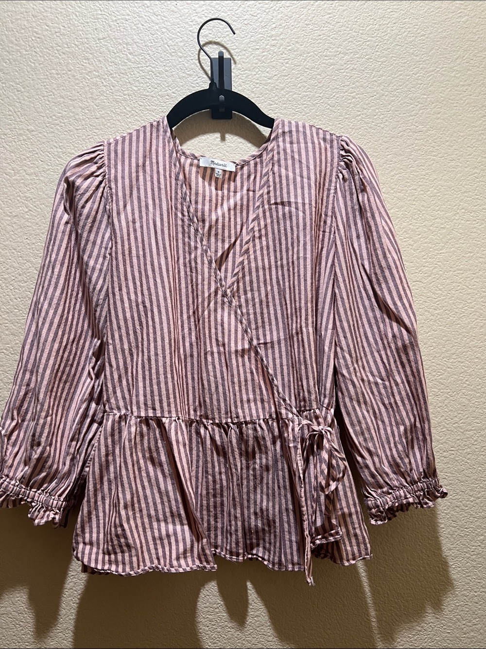 Madewell Pink and Brown Vertical Stripe Wrap Top